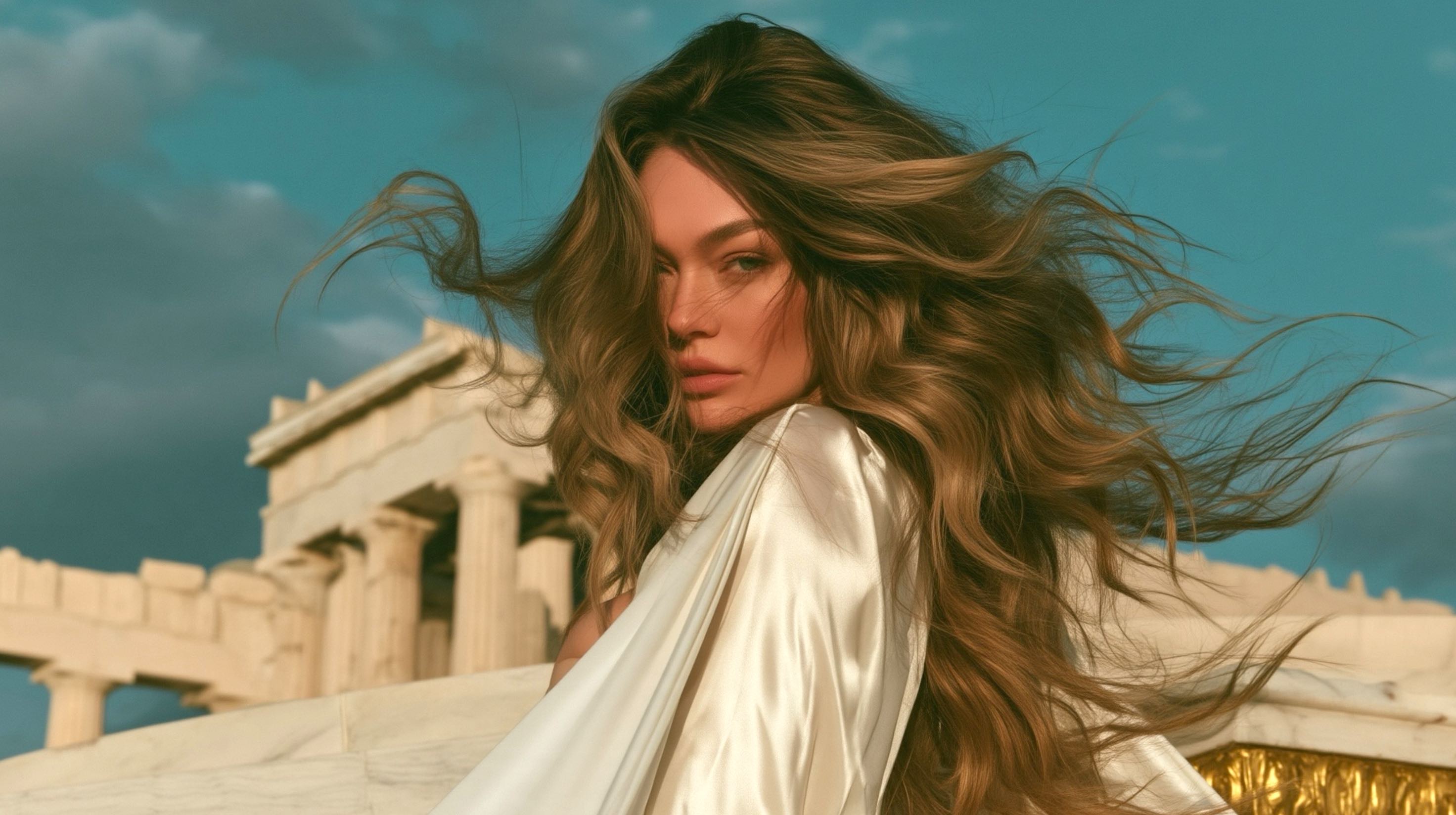 Cinematic portrait — wind-blown hair against the Parthenon, teal sky